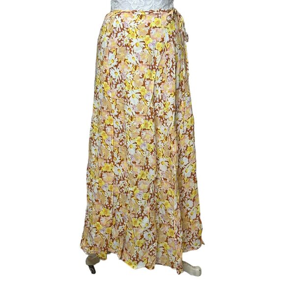 L*Space Anza Floral Tie Wrap Closure Maxi Skirt Yellow Brown Women's S NWT - Picture 1 of 5